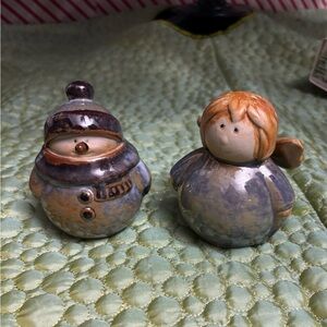 Roly Poly glazed ceramic stoneware snowman and angel figurines